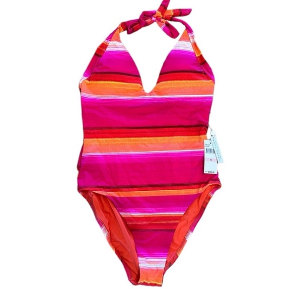 TRINA TURK Pink Orange Solstice Stripe Plunge Halter One Piece Swimsuit Size 14 - Picture 4 of 15
